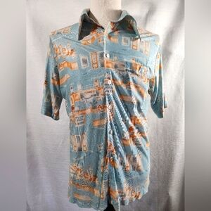 Men's Blue and Orange Patterned Shirt